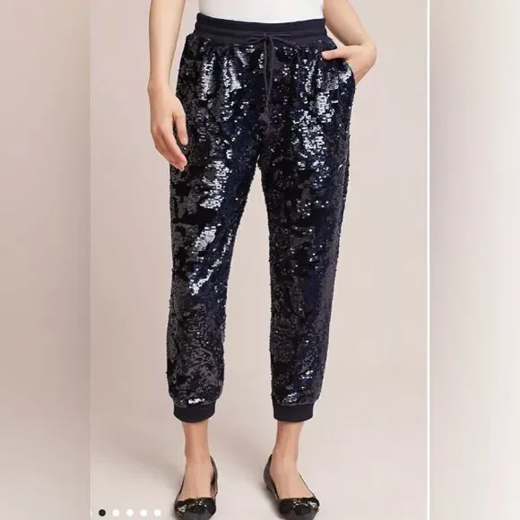 Anthropologie ett:twa Sequin Velvet Joggers Holiday Sparkle navy blue Medium M - Picture 14 of 16